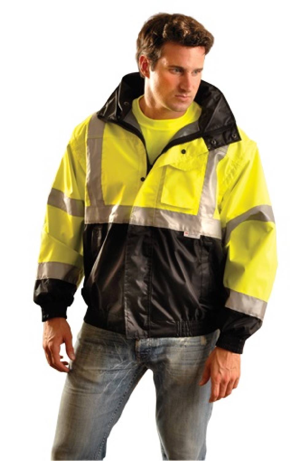 Men Occunomix Class 3 High Visibility Premium 4-in-1 Black Bottom Bomber Jacket